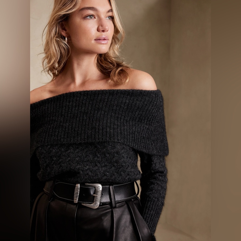 NEW Banana Republic Lustrous Lurex Off-Shoulder Sweater in Gunmetal Grey